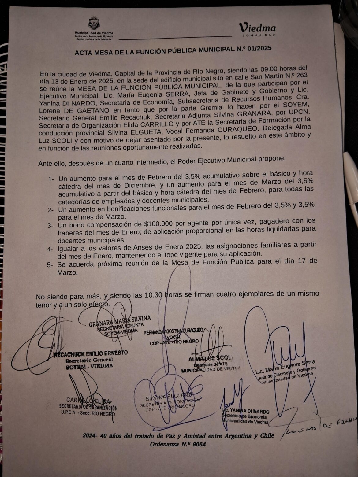 MUNICIPALES DE VIEDMA LLEGARON A UN ACUERDO SALARIAL PARA LA PRIMERA PARTE DEL AÑO